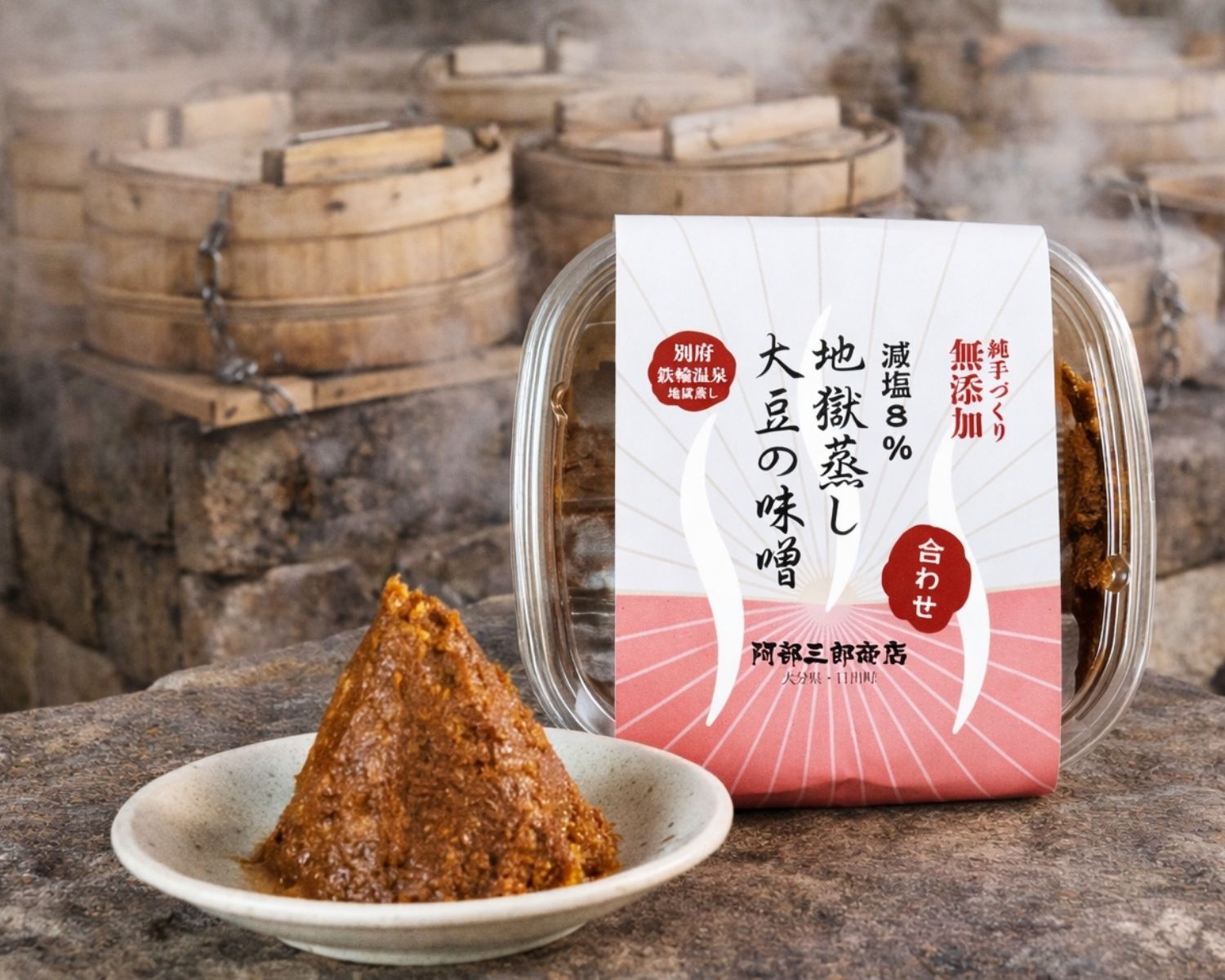 別府名物「地獄蒸し」で大豆の旨みを最大限引き出した天然醸造味噌